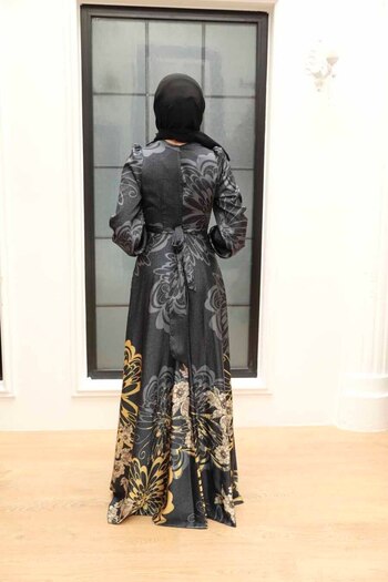 Neva Style Patterned Satin Black Hijab Evening Dress 3432S