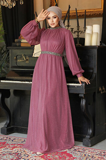 Neva Style Ασημί ανοιχτό Dusty Rose Hijab βραδινό φόρεμα 5501agk