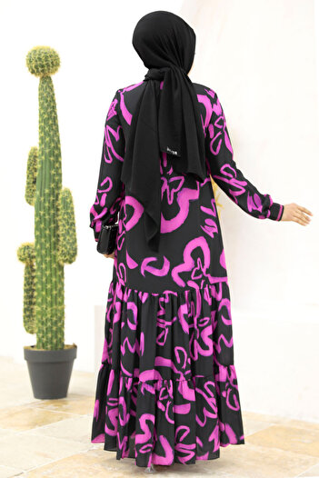 Neva Style Desenli Fuşya Tesettür Elbise 12437f