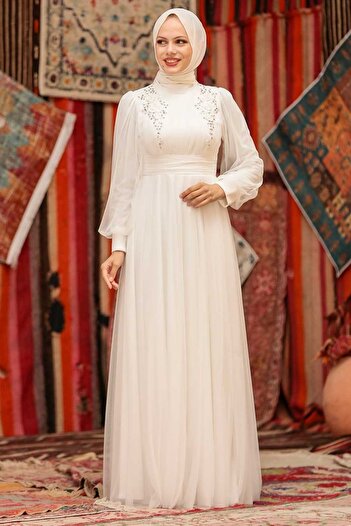 Neva Style Çiçek Detaylı Ekru Tesettür Abiye Elbise 22070e