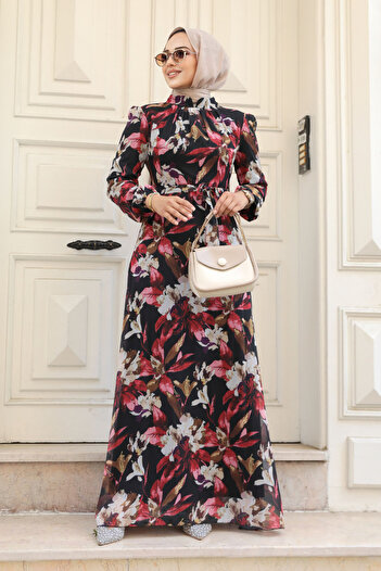 Neva Style Floral Patterned Red Hijab Dress 27941K
