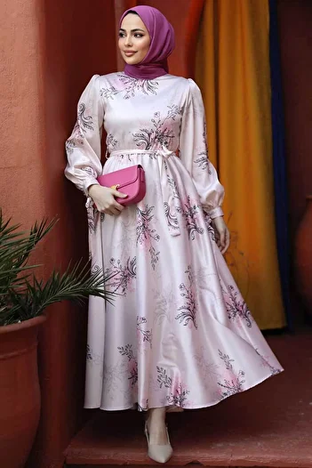 Neva Style Floral Patterned Powder Hijab Dress 60911PD