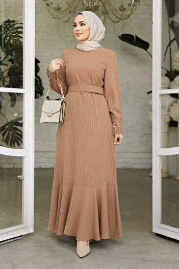 Neva Style Ριγέ Μπισκότο Φόρεμα Hijab 51911BS