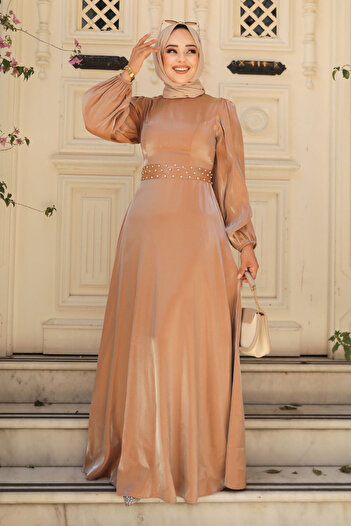 Neva Style Beaded Detailed Camel Hijab Evening Dress 23301C
