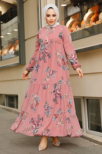 Neva Style Φόρεμα Hijab με λουλουδάτο σχέδιο Dusty Rose 22052GK