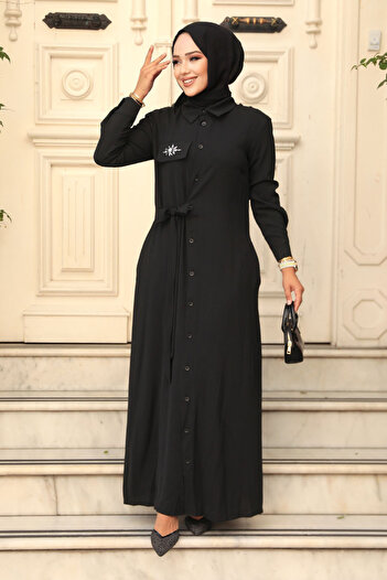 Neva Style Μαύρο Φόρεμα Hijab - Κουμπί, Μοντέλο 12504S