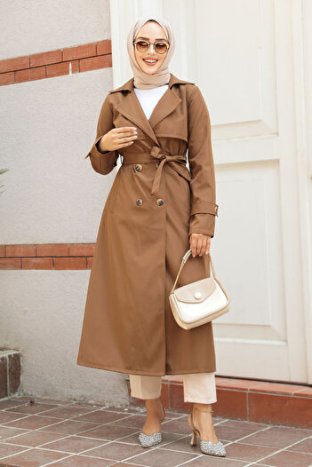Neva Style Tan Buttoned Hijab Trench Coat 6103Tb