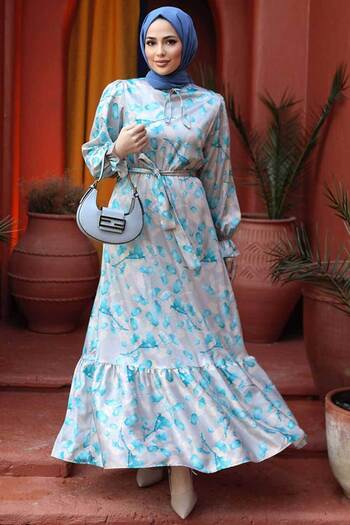 Neva Style Floral Patterned Turquoise Hijab Dress 60901TR
