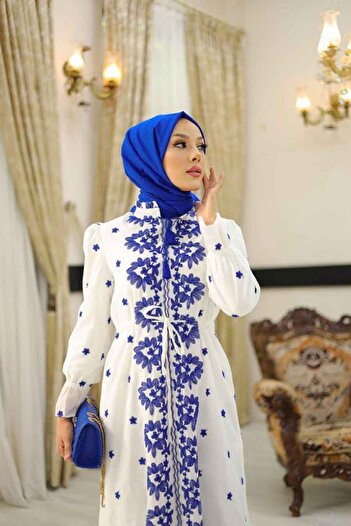 Neva Style Φόρεμα Hijab με μπλε σχέδιο - 13503M