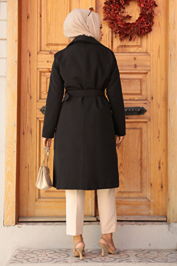 Neva Style Kemerli Siyah Tesettür Trençkot 61221S