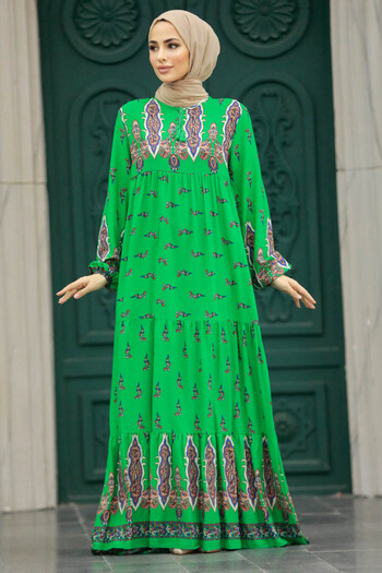 Neva Style Patterned Green Hijab Dress 50092Y