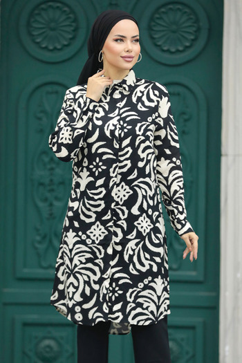Neva Style Patterned Black Hijab Viscose Tunic 11662S
