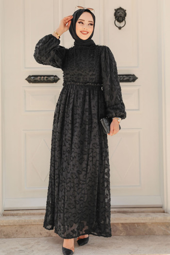 Neva Style Patterned Black Hijab Dress 1388S