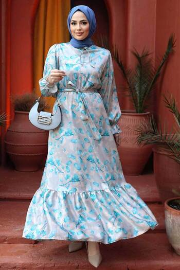 Neva Style Floral Patterned Turquoise Hijab Dress 60901TR