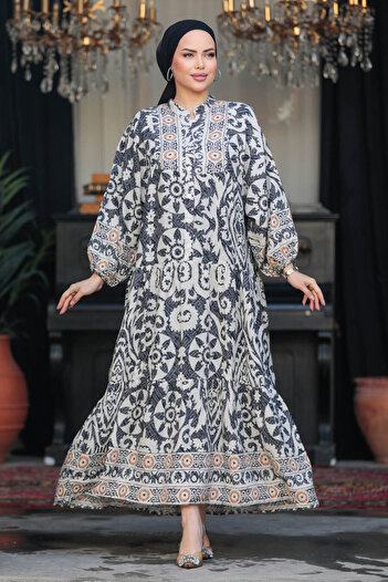Neva Style Patterned Black Hijab Dress 18232S