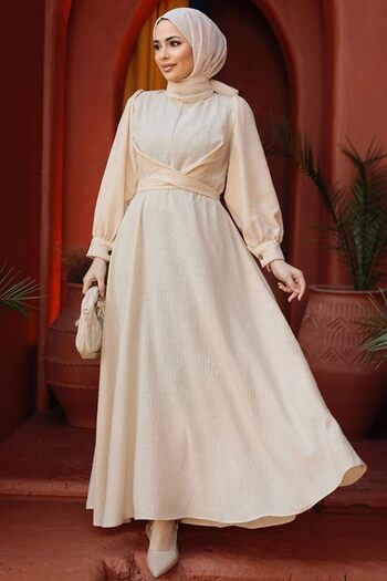 Neva Style Μπαλόνι Μανίκι Μπεζ Φόρεμα Hijab 3034BEJ