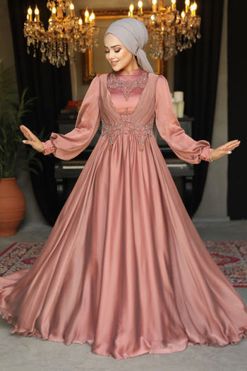 Neva Style Pearl Detailed Draped Tile Hijab Evening Dress 21890Krmt