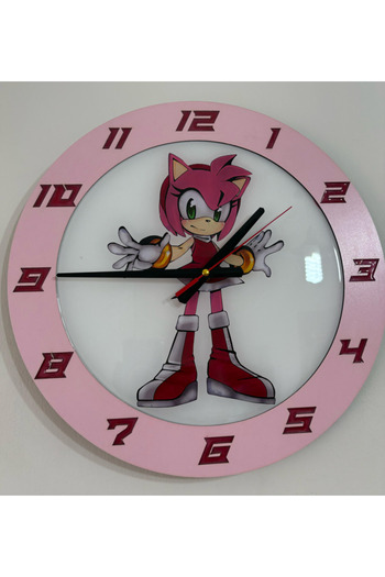 Pelince Kids – Amy Rose Sonic 3 :Hedgedog Kirpi Girl Themed Wooden Children's Room Wall Clock - 40 cm