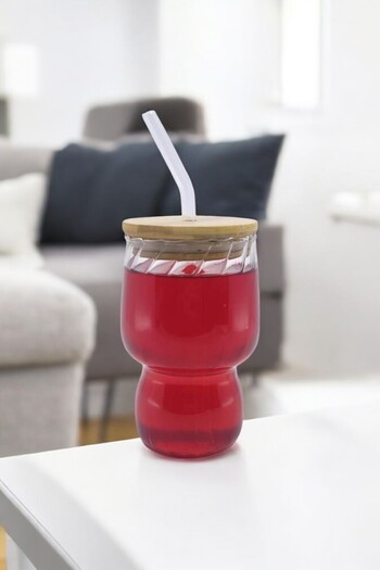 Kitchen Way Bamboo Lid Sealed 400ml Glass Presentation Glass with Straw and Line Pattern Soft Drink Glass Kw-042
