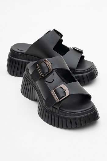 LuviShoes JOANES Black Skin Genuine Leather Double Banded Women's Wedge Sole Slippers