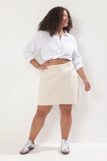 Trendyol Curve Ecru High Waist a Shape Denim Skirt Tbbaw23Az00042