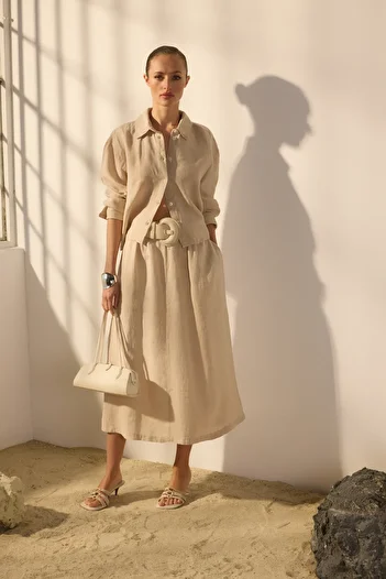 Trendyol Collection Beige 100% Linen Oversize Shirt Twoss24Go00121