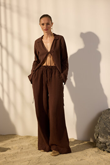 Trendyol Collection Καφέ 100% λινό ελαστικό ψηλόμεσο παντελόνι μέσης TWOSS24JE00251