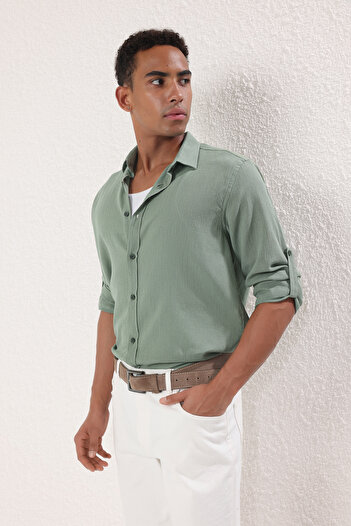 Trendyol Collection Khaki Linen Look Wrinkled Shirt with Epaulettes - Regular Fit Tmnss23Go00061