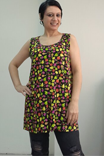 Mertcan Butik Fruit Pattern Thick Strap Hollowed-Out Neck Combed Viscose T-Shirt