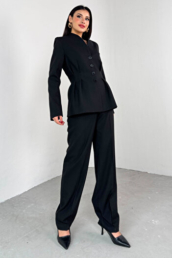 Cappmoda Tkm-03708 Black Buttoned Jacket Pants Casual Set