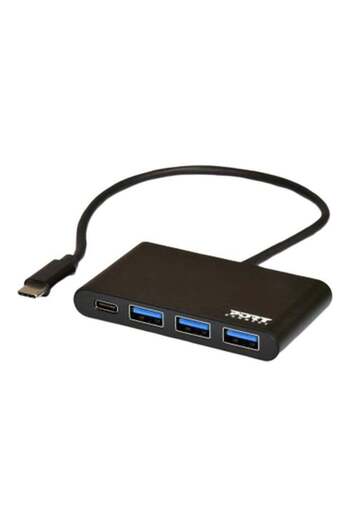 PORT DESIGNS تصميم منفذ من النوع C إلى 3 منافذ USB 3.0 ومحور من النوع C باللون الأسود