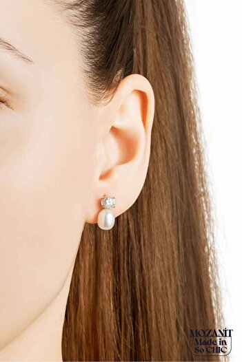 So CHIC... Mozanit Rüyası 18 Ayar Beyaz Altın Kaplama İnci Taşlı Gümüş Küpe