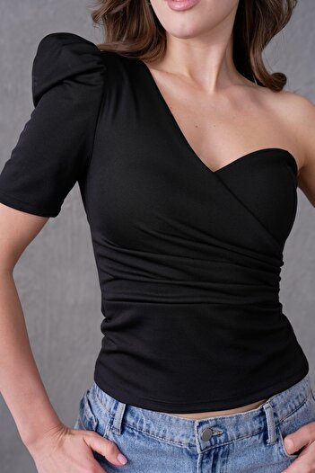 bayansepeti One Shoulder Padded Design Draped Crop Black Blouse 1045