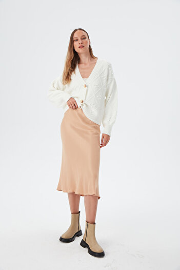 Park Karon Women's Camel Elastic Waist Fish Satin Skirt
