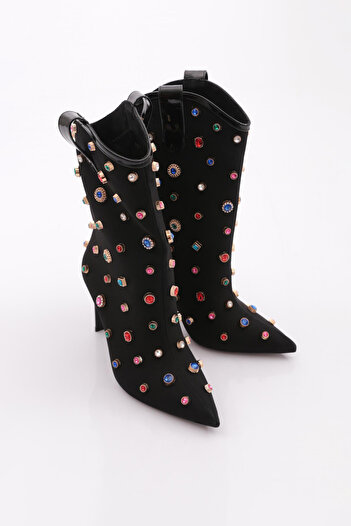 DGN Women's Accessory Pointed Toe Heeled Boots Black Suede 64252859