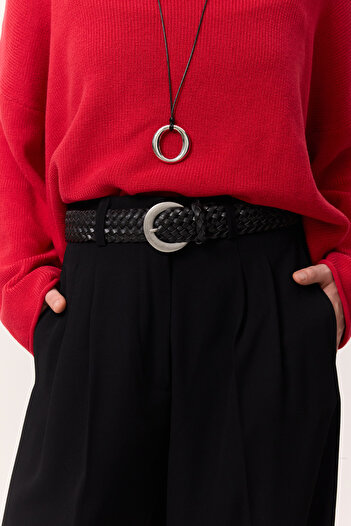 Manuka Braided Leather Buckle Belt Black