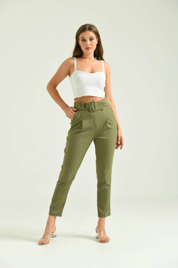 Park Karon Khaki Colored Women's Basic Trousers - Belt Detailed