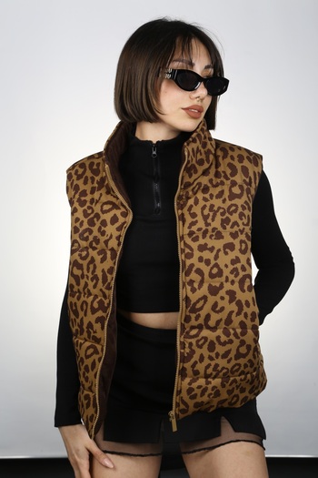 PİNK Women's Leopard Turtleneck Puffer Vest Ci00040