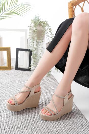 Weynes Women's Cream 10 cm Wedge Heel Wrap Stone Sandals Wsb3024