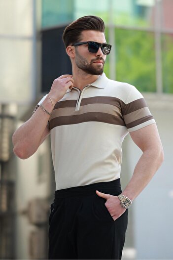 Madmext Tan Zippered Polo Neck Striped Men's T-Shirt E7406