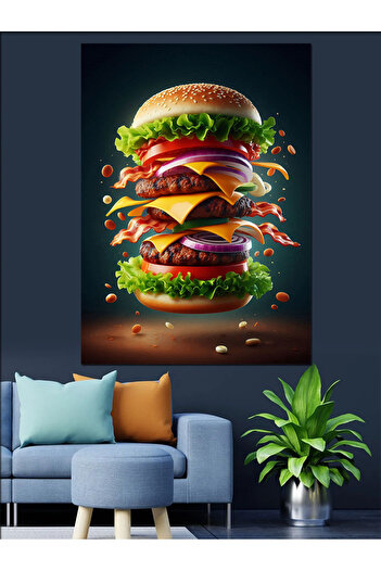 karizmart Üç Katlı Dev Hamburger Dekoratif Kanvas - Mdf Ahşap Tablo