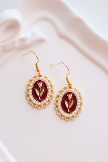 EFBUTİK Burgundy Y2K Pearl Tulip İthal Küpe