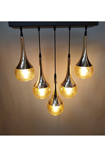 ZM AYDINLATMA 5 Lİ METAL SARI CAMLI MODERN AVİZE