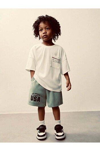 Magu Boy's Cotton Ecru Usa Written Shorts Set – Never Give up Pocket Detail