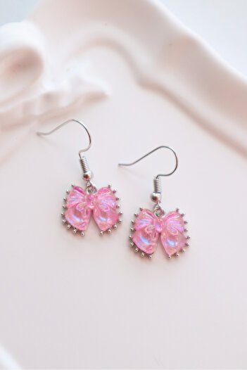 EFBUTİK Dark Pink Hologram Bow Imported Earrings