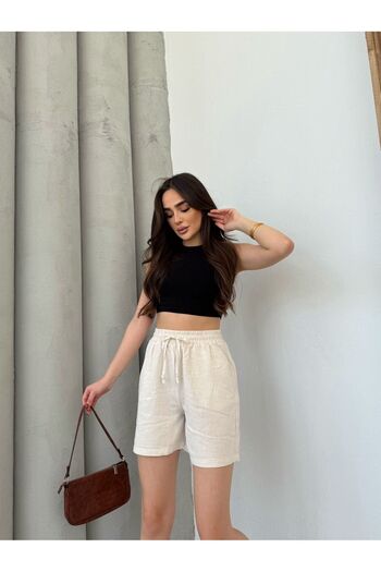 Ozy Fashion Light Cream Linen Shorts with Double Pocket Detail and Tie Waist