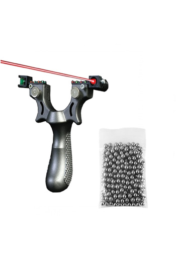Depox Pachet praștie laser cu 100 bile metalice 10 mm, 11,5 cm, cu glonț, argintiu