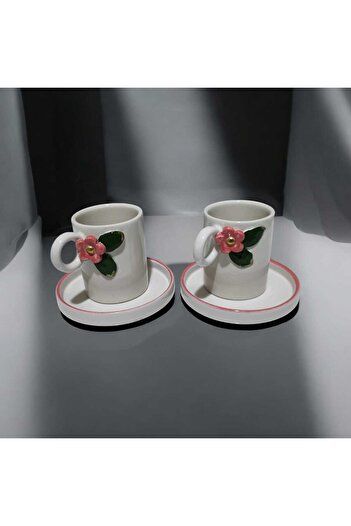 seda seramik Handmade Design Handle Edge Flowered Cup 2-Person 4-Piece Coffee Cup Set 110 ml