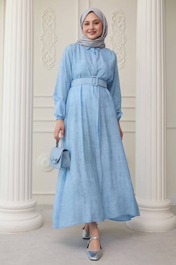 InStyle Πουκάμισο γιακά Ζώνη Απλό Baby Blue Φόρεμα