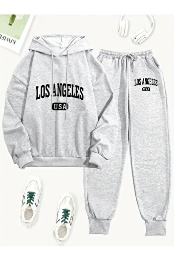 NEW TRENDY COLLECTİON Women S Casual 2 Piece Set, Los Angeles Usa Printed Hoodie and Sweatpants